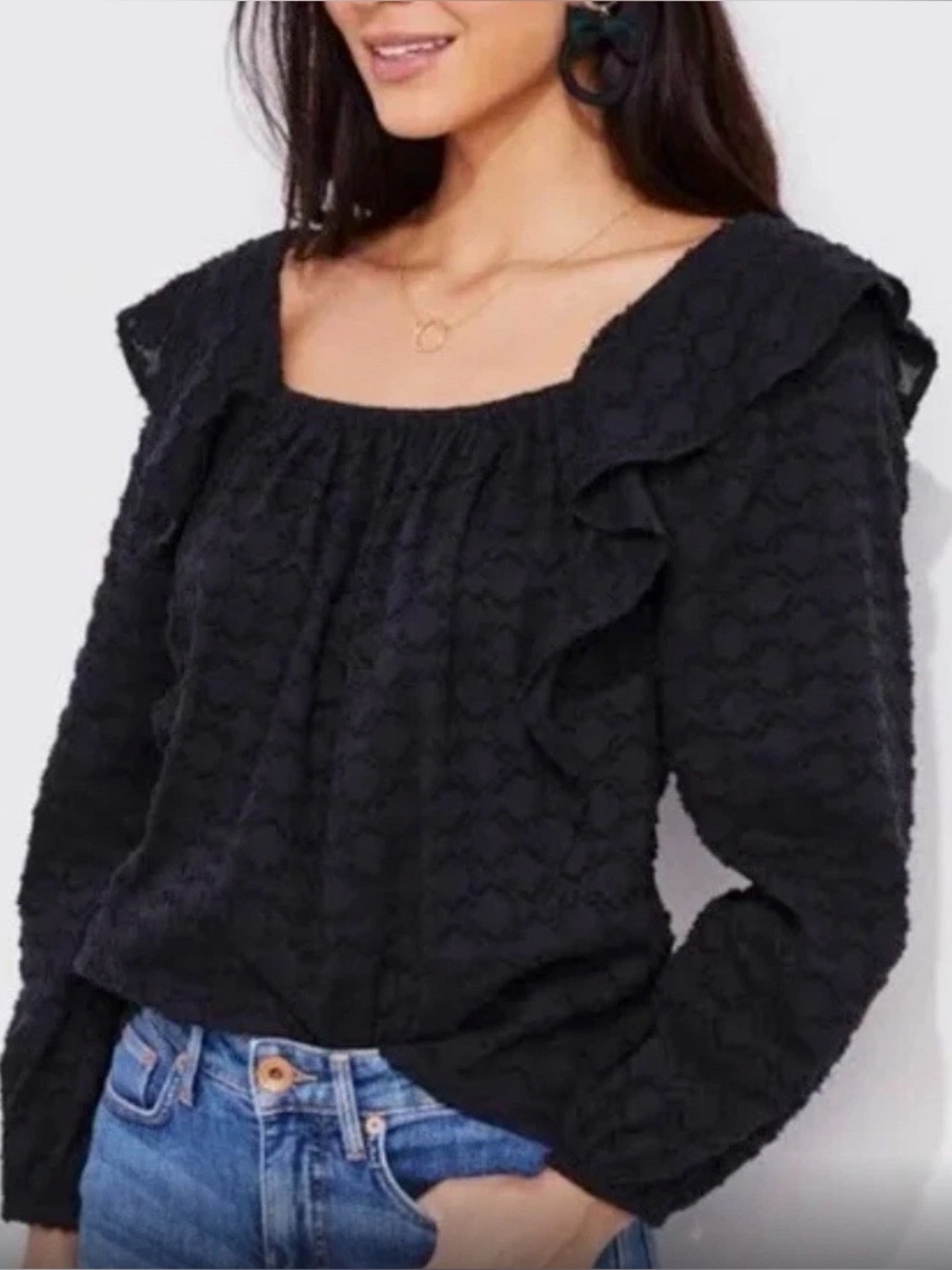 Vineyard Vines Textured Ruffle Black Long Sleeve Cotton Blouse Size Medium